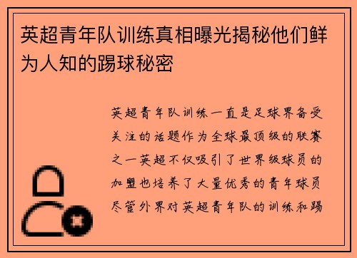 英超青年队训练真相曝光揭秘他们鲜为人知的踢球秘密